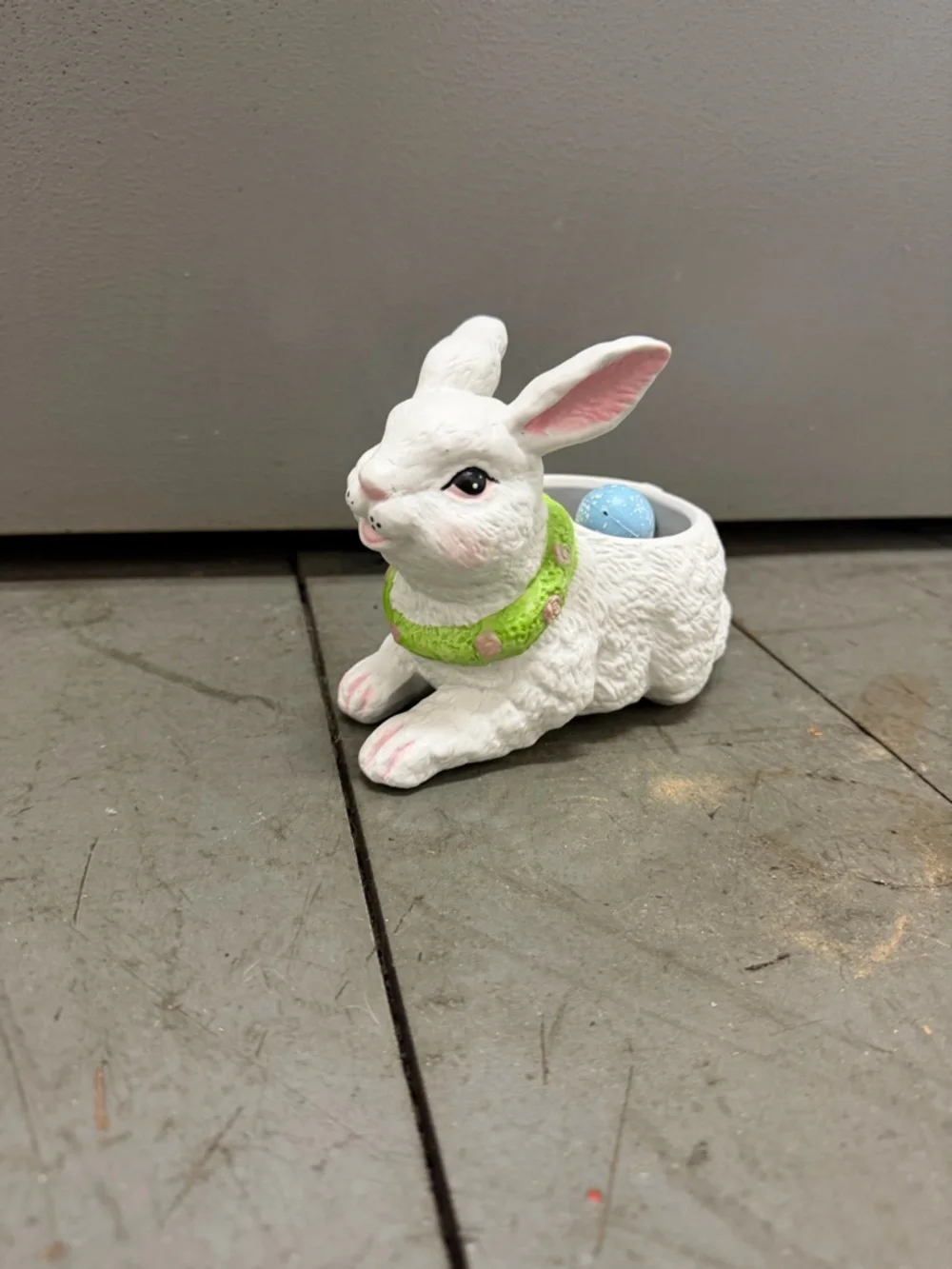 White Bunny Planter with Green Collar - Decorative Small Pet Accessory